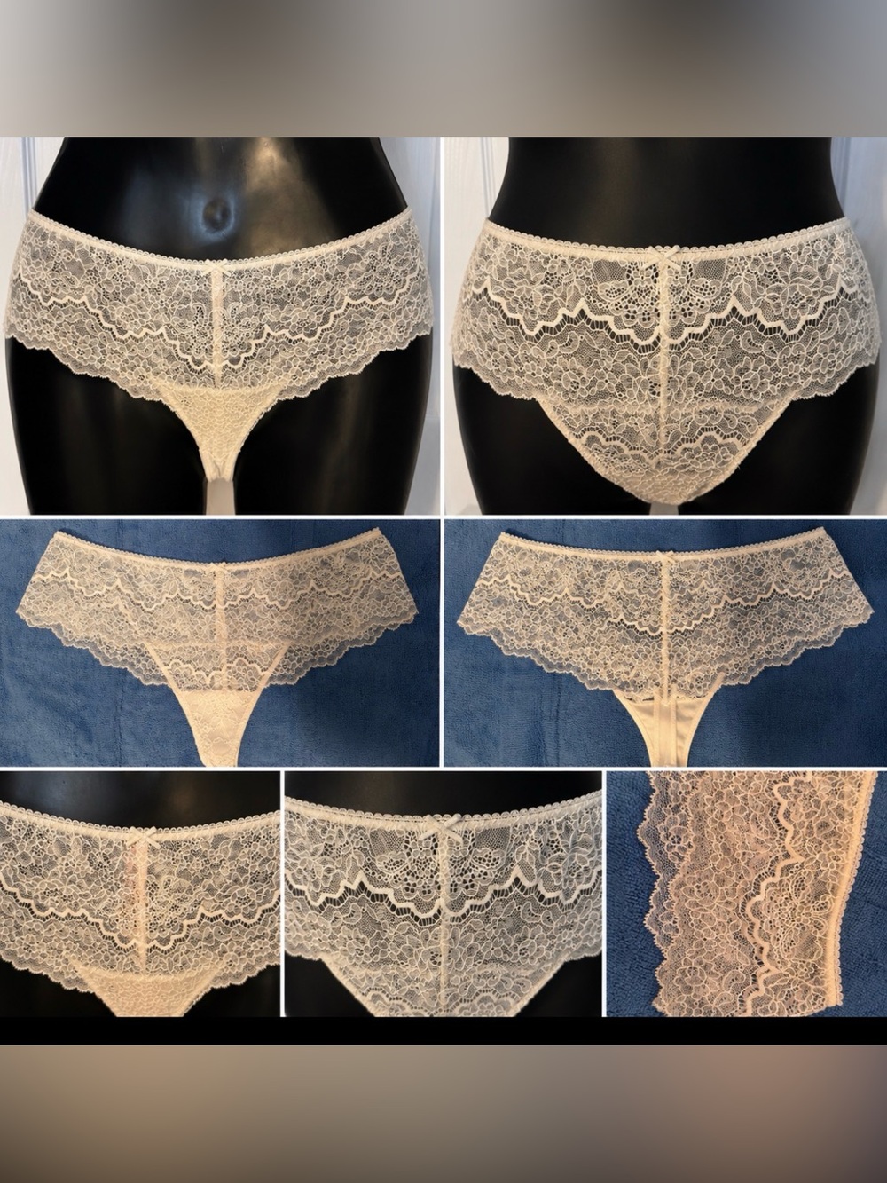 VICTORIA'S SECRET L DREAM ANGELS WHITE LACE WIDE SIDE THONG STRING PANTIES NWT